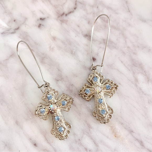 Boutique Jewelry - Sterling Silver Cross Statement Earrings with Blue Stones